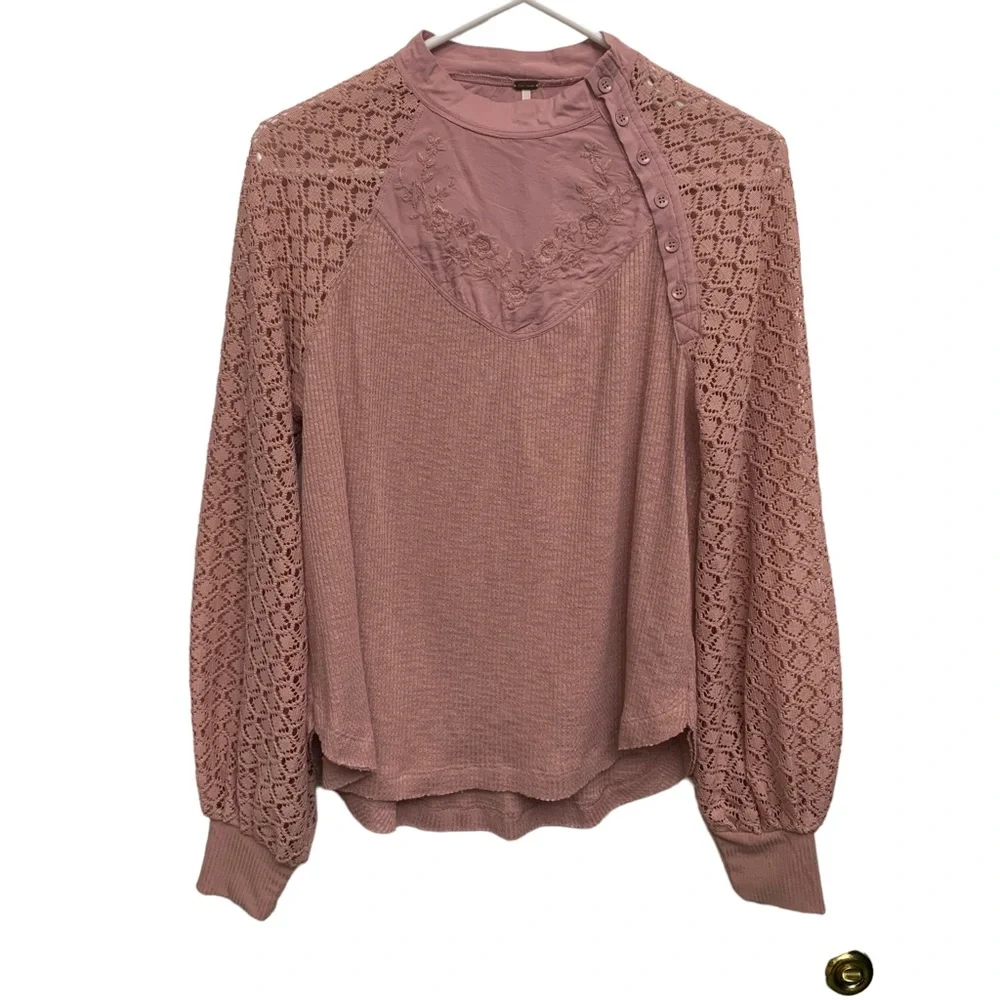 Free People Embroidered Crocheted Thermal High Neck Top